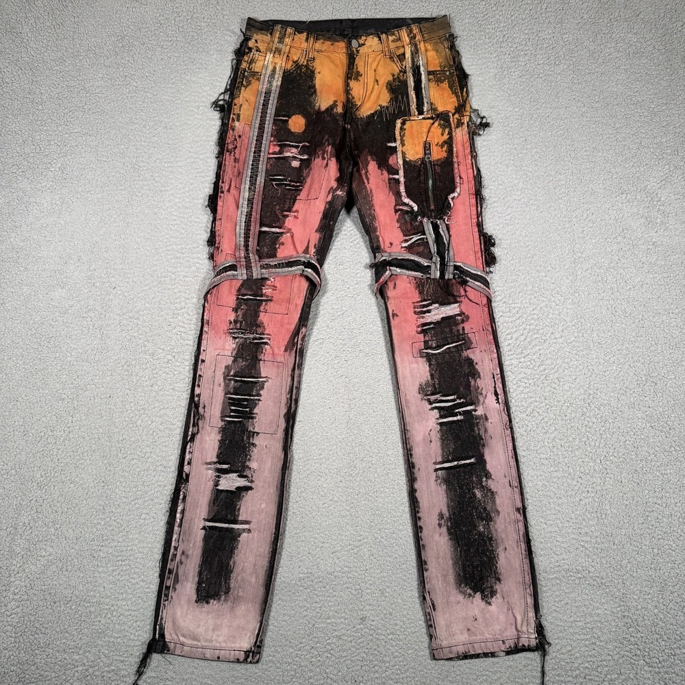 MNML Jeans Mens 30x36‎ Black Slim Fit Denim Bleached Pocket Straps Distressed